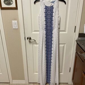 Antonio Melani size 0 long dress.  White lace with royal blue front detail. NWT.